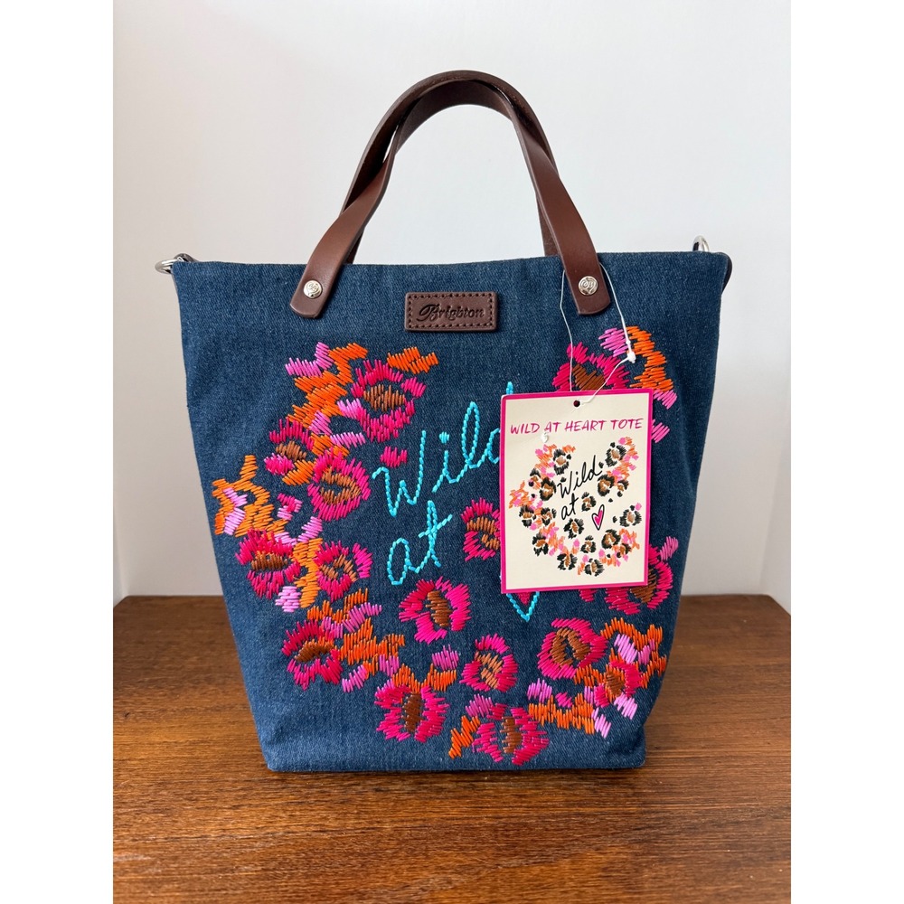 Brighton "Wild at Heart" Denim Tote Bag Embroidered Floral Red Blue NWT